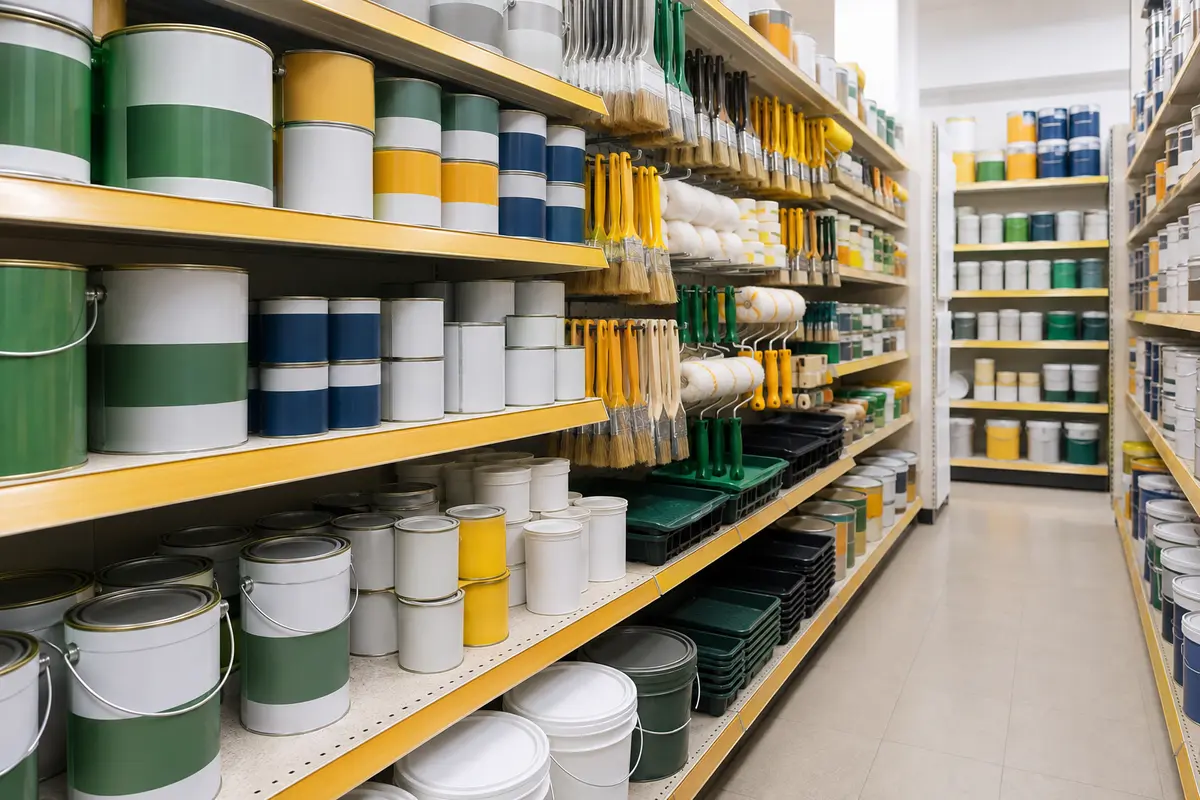 Estoque organizado de tintas e materiais para pintura