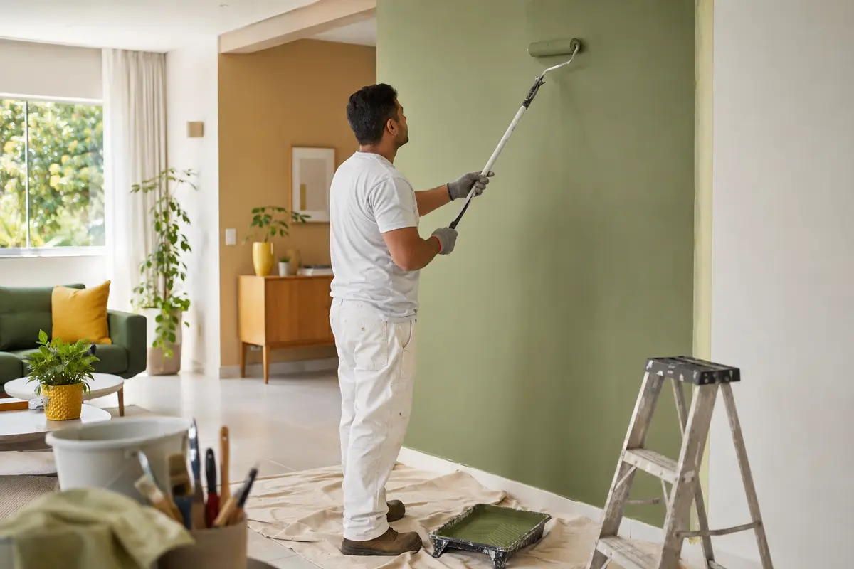 Pintor aplicando tinta acrílica em uma parede interna