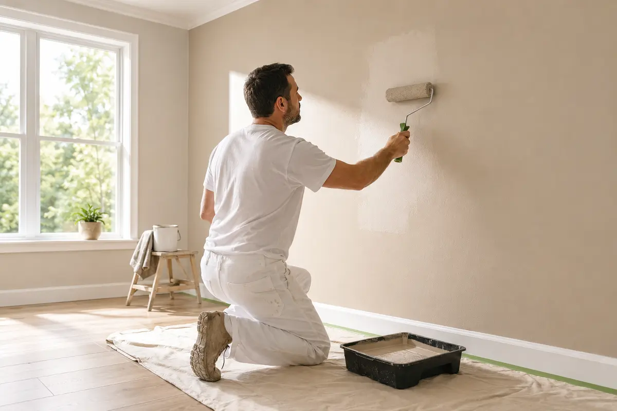Pintor renovando uma parede com tinta Standard